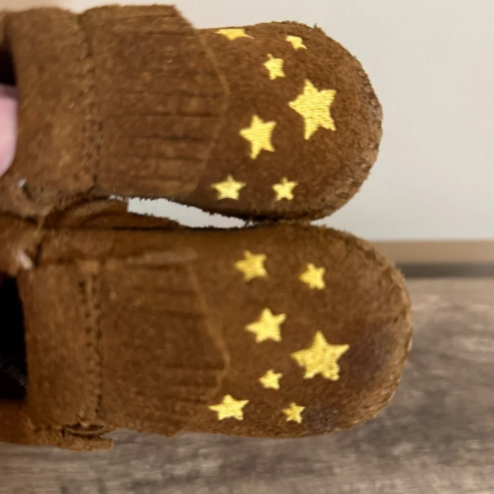 Minnetonka Brown Suede Leather Fringed Baby Booties Yellow Stars Size 3 Infant